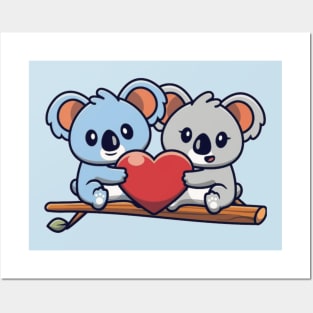 Cute koala couple holding heart on tree Posters and Art